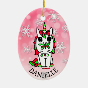 Ornamento De Cerâmica Unicórnio Festivo com Borboleta no Natal