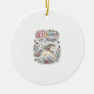 Ornamento De Cerâmica Unicórnio Florir com Magia Tipografia Premium Veto