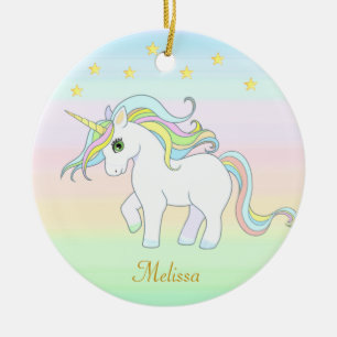 Ornamento De Cerâmica Unicórnio Fofo & Estrelas em Cores Pastel