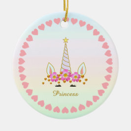 Ornamento De Cerâmica Unicórnio Fofo, Flores, Corações e Confetes Dourad