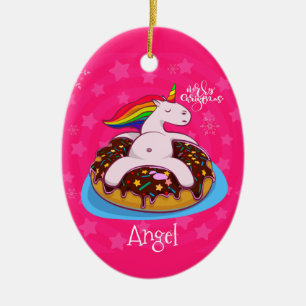 Ornamento De Cerâmica Unicórnio Rosa de Natal Personalizado