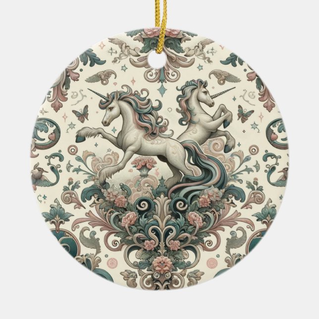 Ornamento De Cerâmica Unicórnios Místicos Vitorianos: Floral Encantado (Frente)