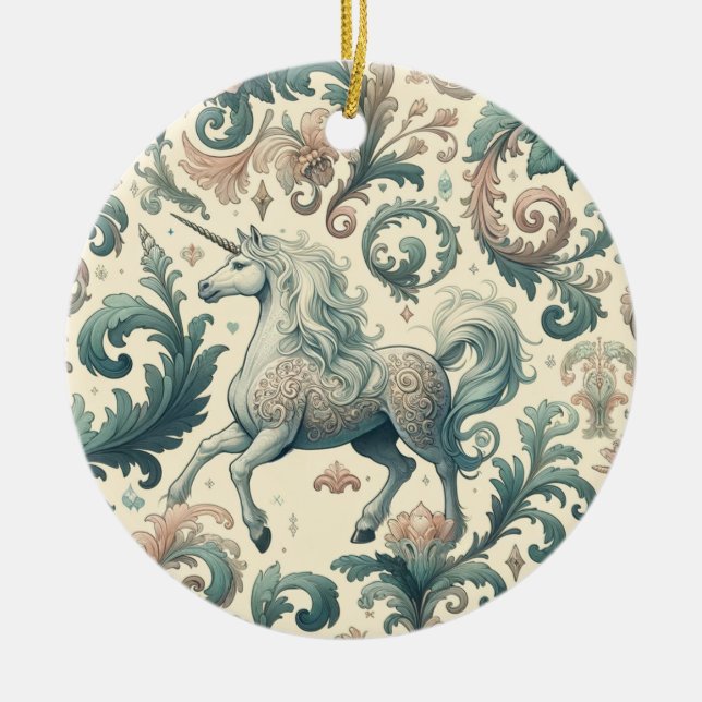 Ornamento De Cerâmica Unicórnios Místicos Vitorianos: Floral Encantado (Frente)
