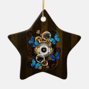 Ornamento De Cerâmica Ursinhas Steampunk e Borboletas Azuis