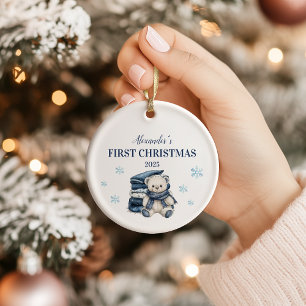 Ornamento De Cerâmica Ursinho Azul Personalizado Primeiro Natal