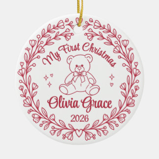 Ornamento De Cerâmica Ursinho de Natal do Primeiro Natal da Menina Nome