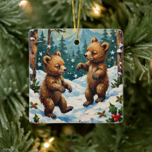 Ornamento De Cerâmica Ursinhos Antigos Brincando no Natal Nevado