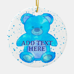 Ornamento De Cerâmica Urso Bebê Escuro em Texto Personalizado Azul