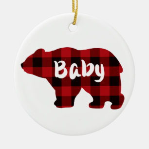 Ornamento De Cerâmica Urso bebê - xadrez vermelha e preta