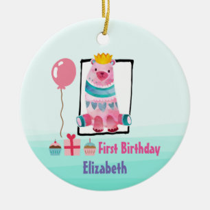 Ornamento De Cerâmica Urso de Aquarela Bonito com Coroa Primeiro Anivers