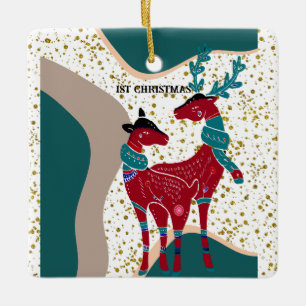 Ornamento De Cerâmica Urso de Casal de Vestidos de Natal Dourado Boho