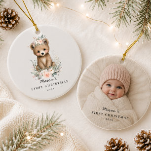 Ornamento De Cerâmica Urso de Foto do Primeiro Natal Personalizado do Be