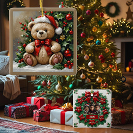 Ornamento De Cerâmica Urso de Natal com Azevinho Personalizável