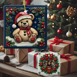 Ornamento De Cerâmica Urso de Natal com Neve Personalizável