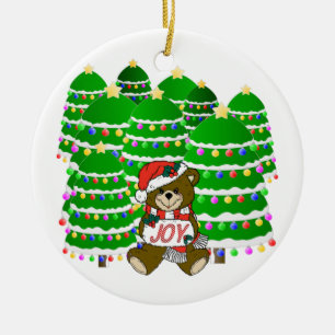 Ornamento De Cerâmica Urso de Natal com Sinal de JOY e Árvores de Natal