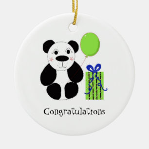 Ornamento De Cerâmica Urso de panda com parabéns do balão