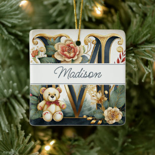 Ornamento De Cerâmica Urso de pelúcia com a letra M personalizada floral