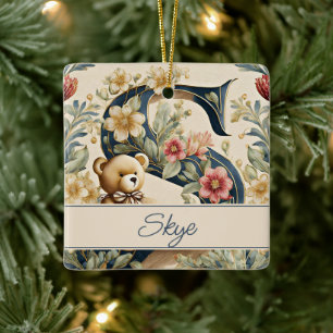 Ornamento De Cerâmica Urso de pelúcia com a letra S personalizada FLoral