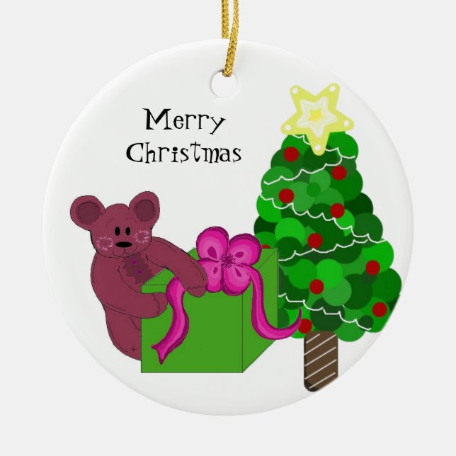 Ornamento De Cerâmica Urso de Pelúcia com Árvore de Natal (Frente)