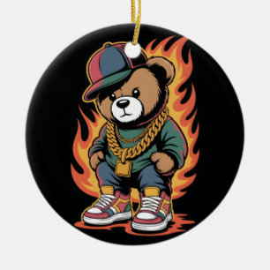 Ornamento De Cerâmica Urso de Pelúcia em Estilo Hip-Hop com Correntes de