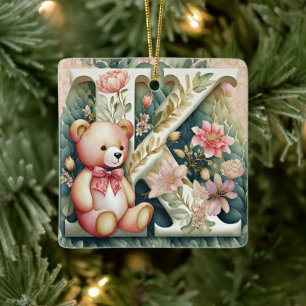 Ornamento De Cerâmica Urso de pelúcia floral letra K