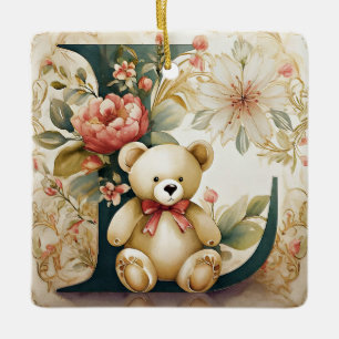 Ornamento De Cerâmica Urso de pelúcia floral letra L