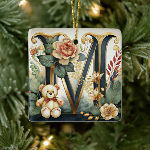 Ornamento De Cerâmica Urso de pelúcia floral letra M
