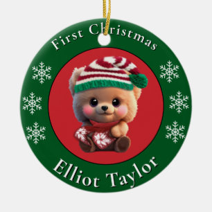 Ornamento De Cerâmica Urso de pelúcia fofo de Natal luzes vermelhas e ve