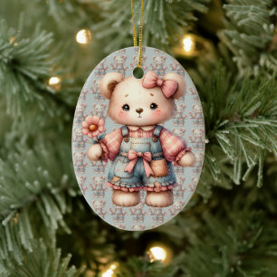 Ornamento De Cerâmica Urso de pelúcia pastel segurando flor vestindo mac