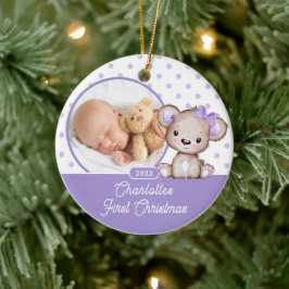 Ornamento De Cerâmica Urso de Pelúcia Roxo Primeiro Natal da Bebê Foto