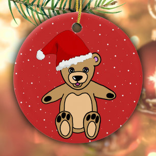 Ornamento De Cerâmica Urso de Teddy Bonito com Crianças Vermelhas Santa