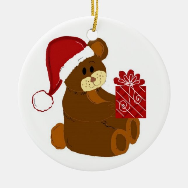 Ornamento De Cerâmica Urso de Teddy com Papai Noel e Presente Vermelho (Frente)