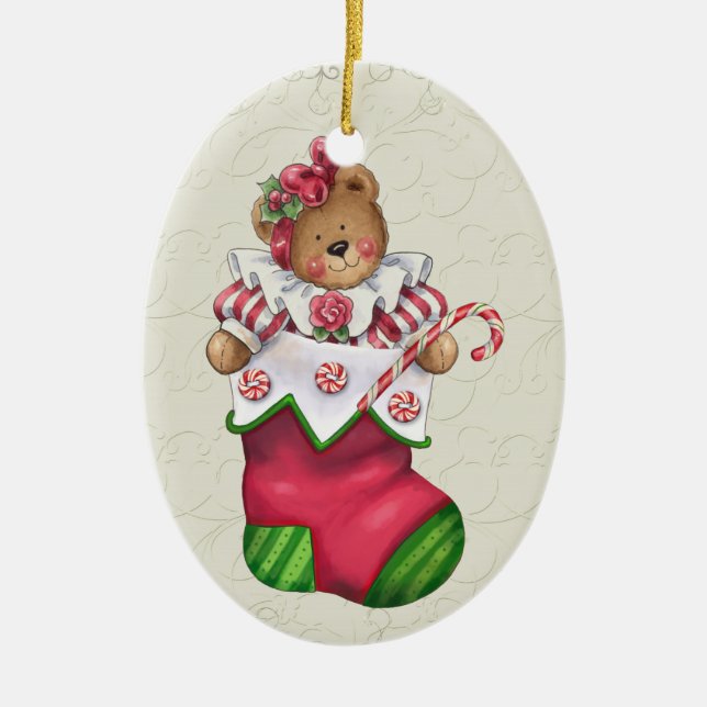 Ornamento De Cerâmica Urso de Teddy de Natal (Frente)