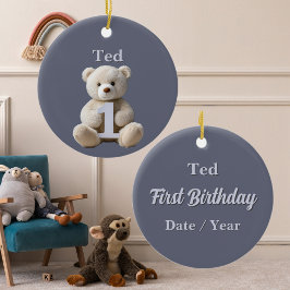 Ornamento De Cerâmica Urso de Teddy e Balões de primeiro aniversario