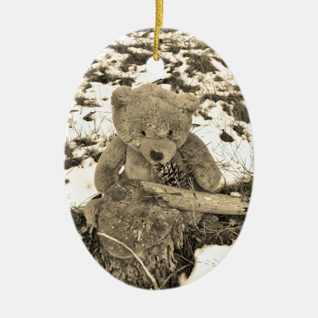 Ornamento De Cerâmica Urso de Teddy na Holly, tom Sepia (Frente)