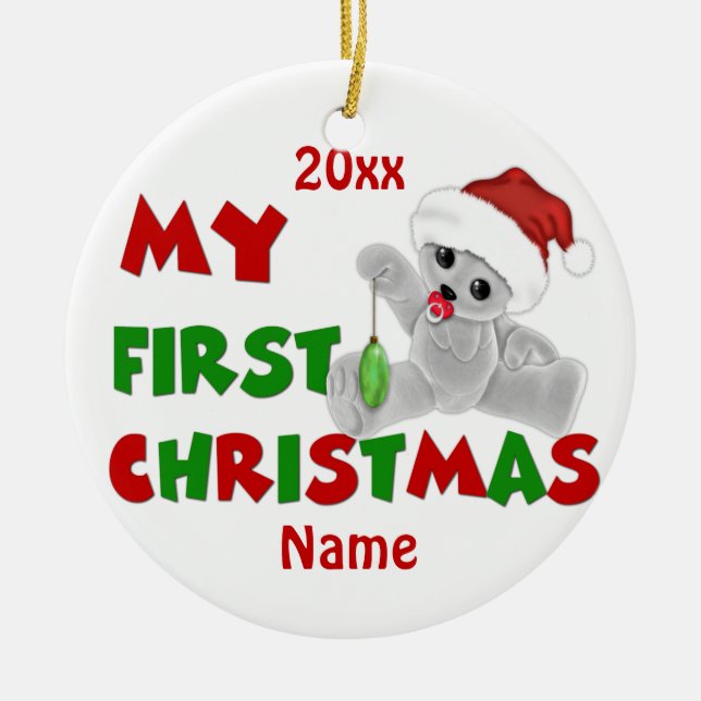 Ornamento De Cerâmica Urso do Natal dos bebês primeiro personalizado (Frente)