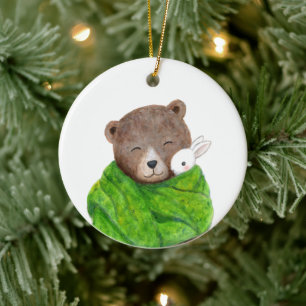 Ornamento De Cerâmica Urso e Coelho em Grande Cobertor Verde Nome Person