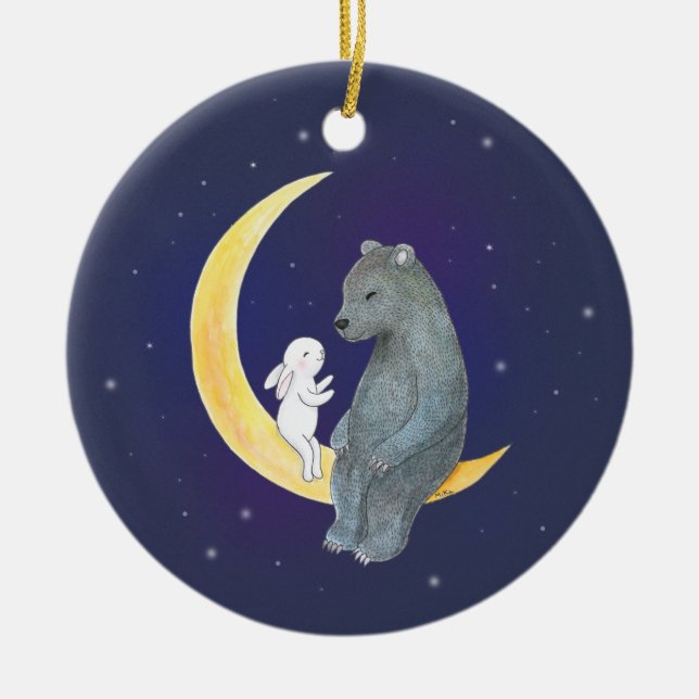 Ornamento De Cerâmica Urso e coelho no Casal da Lua Cute Personalizado (Frente)