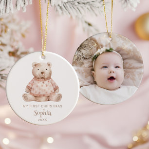 Ornamento De Cerâmica Urso em Aquarela Bebê no 1º Natal Foto