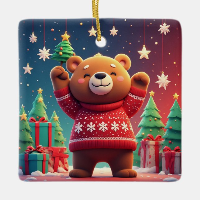 Ornamento De Cerâmica Urso Fofo de Suéter de Natal (Frente)