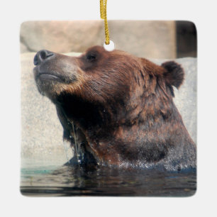 Ornamento De Cerâmica Urso Grizzly Brincando na Água