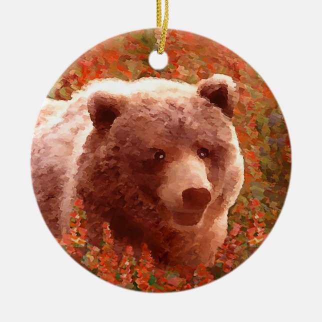 Ornamento De Cerâmica Urso Grizzly na Pintura de Arte Selvagem com Algas (Frente)