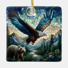 Ornamento De Cerâmica Urso Mosaico e Águia nas Montanhas