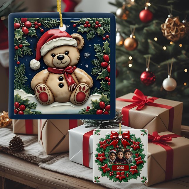 Ornamento De Cerâmica Urso Natal de Neve Personalizável (Criador carregado)