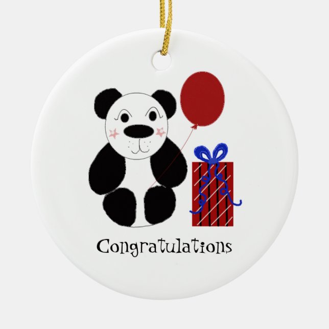 Ornamento De Cerâmica Urso Panda com Balão de Parabéns (Frente)
