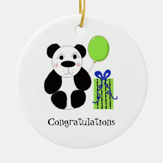 Ornamento De Cerâmica Urso Panda com Parabéns Balões (Frente)
