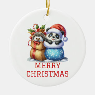 Ornamento De Cerâmica Urso Panda Fofo e Filhote de Ouriço Natal