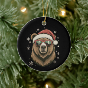 Ornamento De Cerâmica Urso Pardo Chapéu de Papai Noel Engraçado Amante d