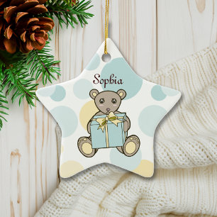 Ornamento De Cerâmica Urso Personalizado Azul Pastel e Amarelo
