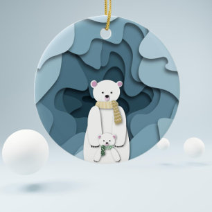 Ornamento De Cerâmica Urso Polar Azul Mamãe e Bebê 1º Natal